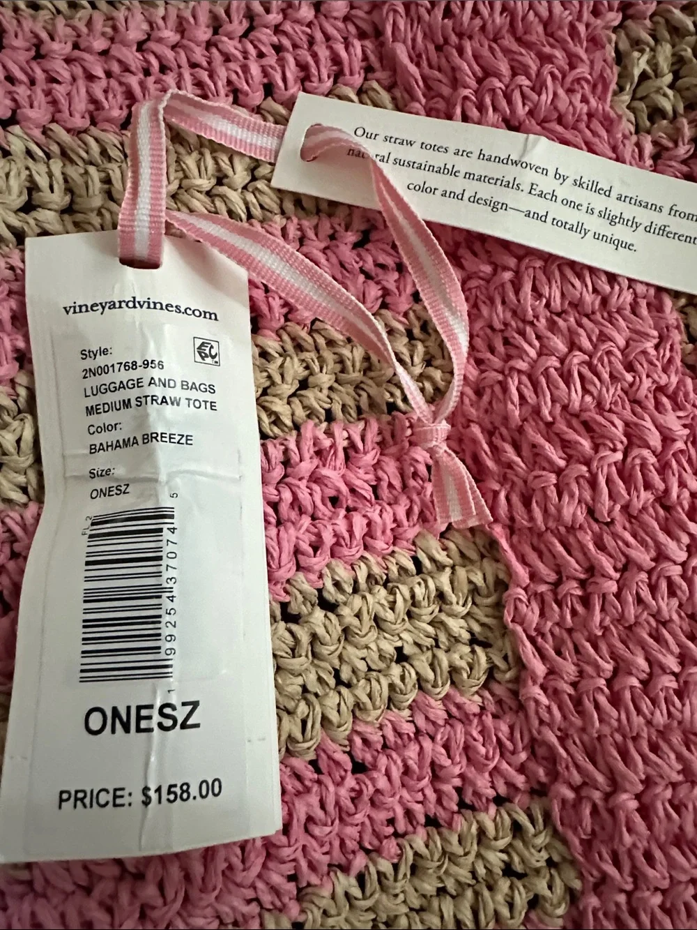 Vineyard Vines Pink and Beige Striped Woven Tote Bag